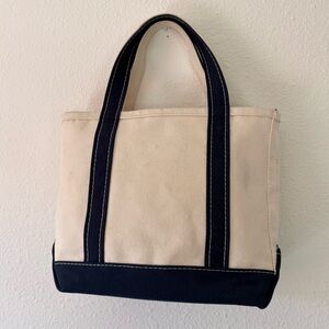 LL Bean Boat and Tote Mini Canvas Tote Bag with Navy Trim - Cream and Navy